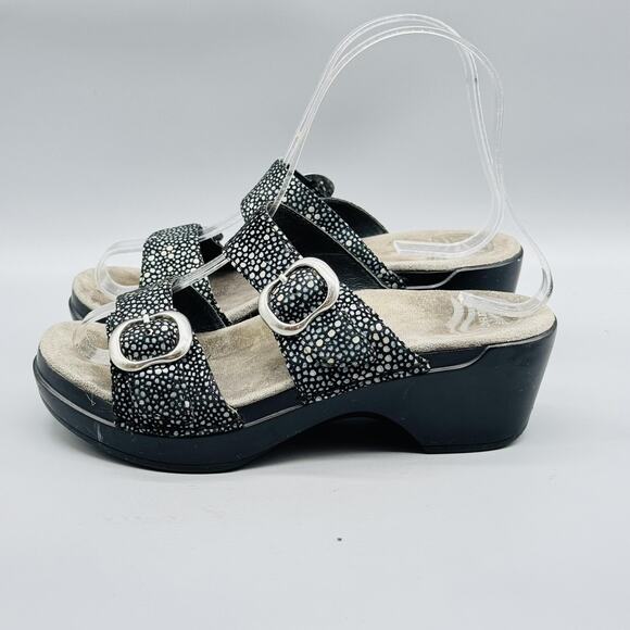 Dansko Sandals Womens 5 Black Leather Sophie Speckled Wedge Slide Buckle Strap - Picture 5 of 13